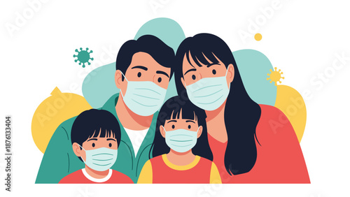Family of four wearing protective medical face masks to stay safe from virus particles and airborne diseases in a public space.