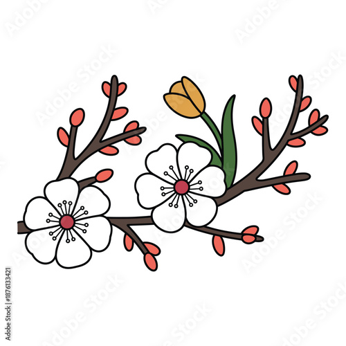 A beautiful illustration of white spring flowers with red buds and a yellow tulip adorning a brown branch on a white background