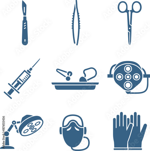 Professional Surgical Instrument Icon Set Featuring Scalpels Forceps Scissors Operating Room Lights Syringes and Medical Safety Gloves.