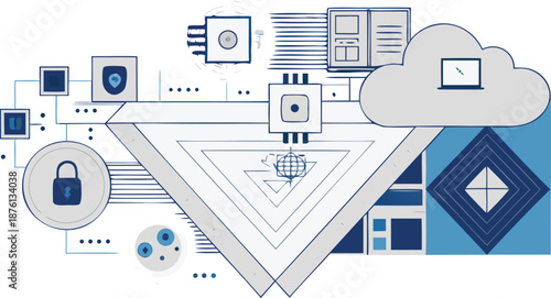 Modern cloud computing and data security concept with padlock and icons
