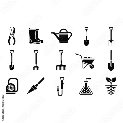 A comprehensive collection of essential black silhouette gardening tools and supplies for planting and yard work on a white background