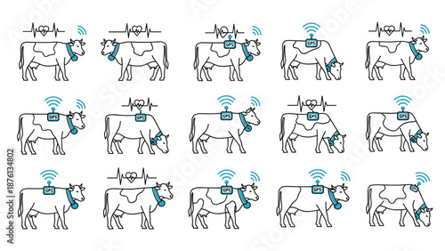 Smart Livestock Monitoring System with GPS Collar and Health Tracking, Vector Line Art Icon