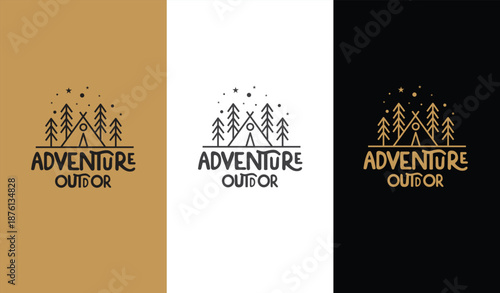 Camping Adventure Line Art Logo with Tent Forest and Moon, vector logo