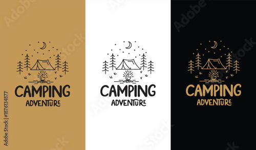 Camping Adventure Line Art Logo with Tent Forest and Moon, vector logo