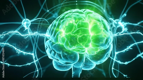 Wallpaper Mural Glowing Green Brain with Electric Currents Symbolizing Neural Activity, Energy, and Innovation in Complex Nervous System Torontodigital.ca