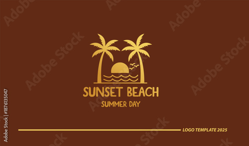 Luxury Sunset Beach Line Art Logo with Palm Tree, vector logo