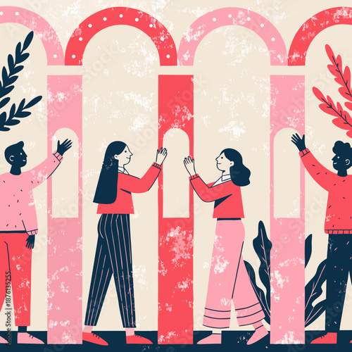 Diverse group of people interacting through arches in a vibrant illustration