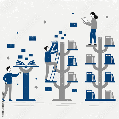 People organizing digital files into categorized folders on abstract trees in a minimalist workspace viewed from the side