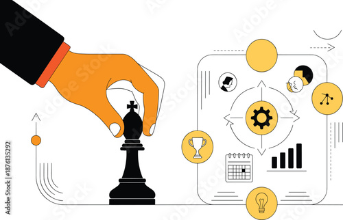 Business strategy and success concept illustration featuring a hand moving a chess piece alongside icons for planning, goals, achievement, and creative ideas in modern line art style.