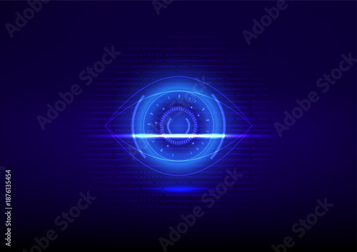 Futuristic iris recognition system with cyber security shield and binary data flow.