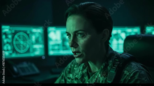 Wallpaper Mural Focused Military Officer in Dimly Lit Control Room with Multiple Glowing Screens Strategic Atmosphere and Advanced AI Technology in Command Center Torontodigital.ca