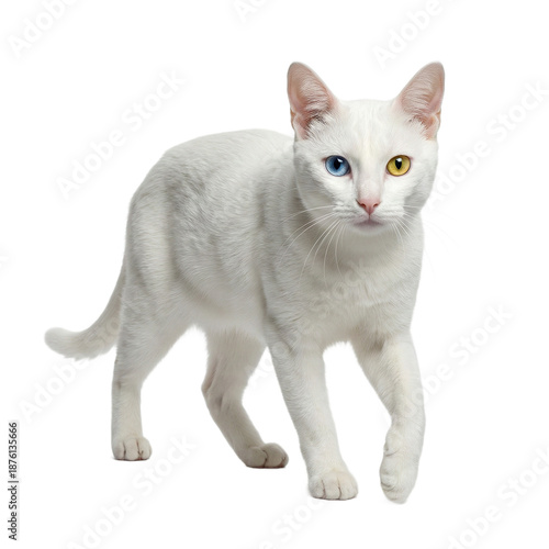 A white Khao Manee cat with odd eyes walking on a transparent background.