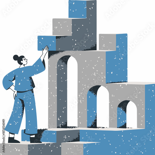 A person building a structure with blue and gray blocks in a snowy environment from a side viewpoint