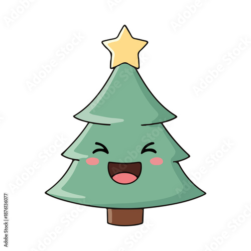 Cute Kawaii Christmas Tree Icon Smiling Happy Holiday Mascot