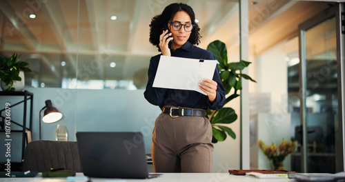 Fotografie Business woman, accountant and documents with phone call for proposal or finance report in office