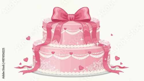 Pink Two Tiered Celebration Cake with Bow and Hearts.