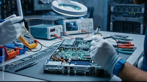 Wallpaper Mural Technician Soldering Electronic Circuit Board Under Magnifying Lamp in Lab with Precision Tools and Equipment for Precision Work Torontodigital.ca