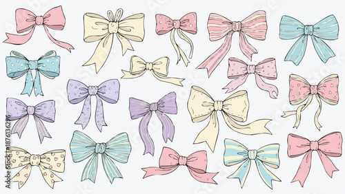 Collection of Hand Drawn Bows in Pastel Colors.