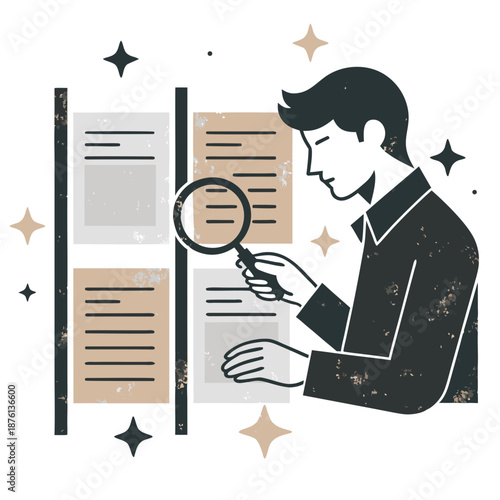 Man examining documents with magnifying glass in a detailed illustration