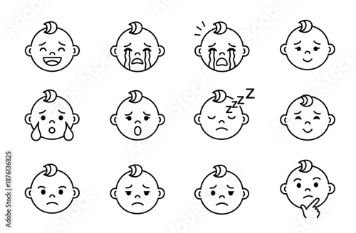 Baby Emotion Icons. Baby emotions. Line icon set of baby emotions: happy face, crying baby, surprised baby, giggling face, fussy mood, sleepy eyes, scared