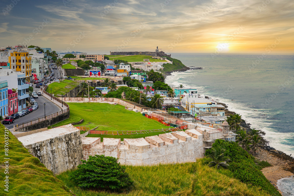 Fototapeta premium Aerial view of the Bastion of San Sebastian along the city walls of the Old San Juan, Puerto Rico - Coastal colonial fortifications in the Caribbean Sea