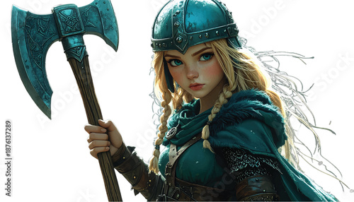 Viking Warrior Woman with Axe Ready for Battle.