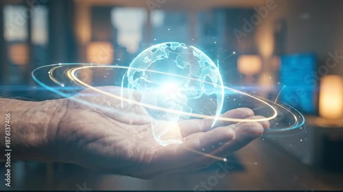 Wallpaper Mural Hand Holding Glowing Digital Globe with Orbiting Rings and Holographic Icons, Symbolizing Global Connectivity and Communication Technology Torontodigital.ca