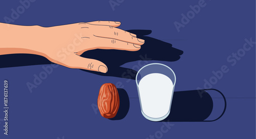 An illustrated hand reaches for a nutritious date and a refreshing glass of milk, depicted with strong shadows on a dark blue background.