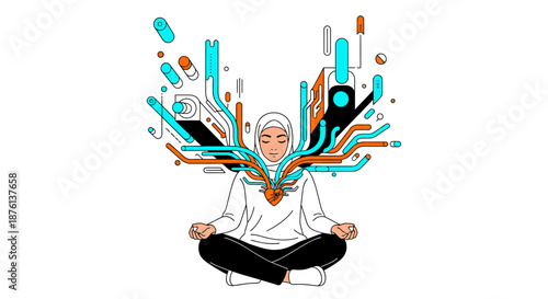 A woman in a hijab meditates, her mind a dynamic fusion of tech circuits and medical symbols, exploring mental well-being and digital life.