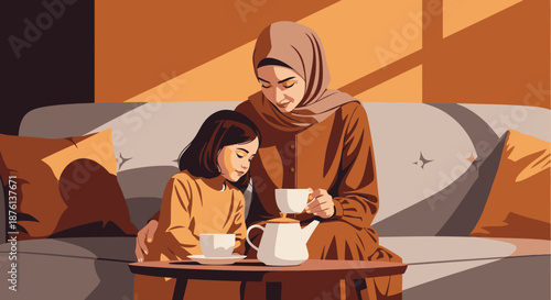 A loving Muslim mother and her young daughter enjoy a peaceful tea moment together in their warm, cozy home, fostering family bonds.