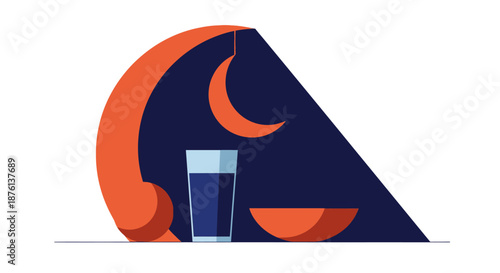 A minimalist vector illustration captures the essence of Ramadan, depicting a crescent moon, a glass of water, and a bowl against a dark sky, symbolizing fasting and Iftar.