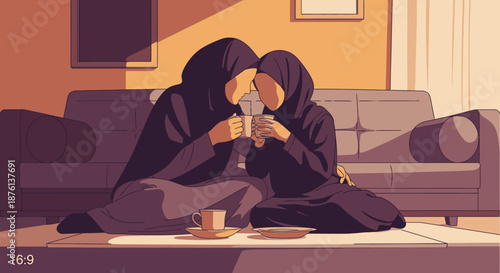 Two veiled women share a quiet, intimate moment over tea in a cozy living room, symbolizing friendship and peaceful companionship.