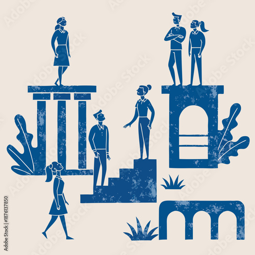 People standing on architectural structures with plants surrounding them