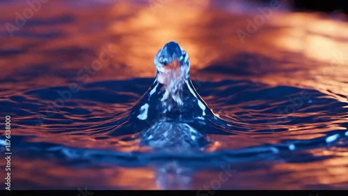 Wallpaper Mural Mesmerizing Close Up of Water Droplet Creating Ripples Reflective Surface with Vibrant Orange and Blue Lighting, Dynamic and Visually Striking Scene Torontodigital.ca