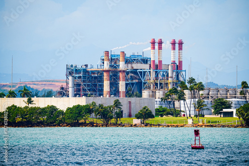 Billede på lærred Industrial power plant and coastal landscape in Cataño, Puerto Rico