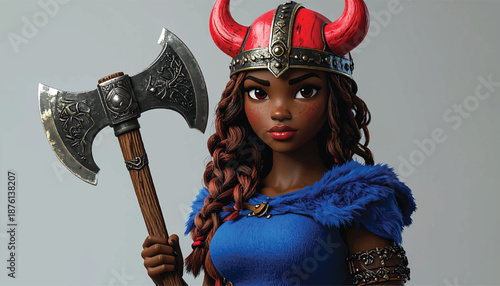 Viking Warrior Woman with Axe, Ready for Battle, Cartoon Style.