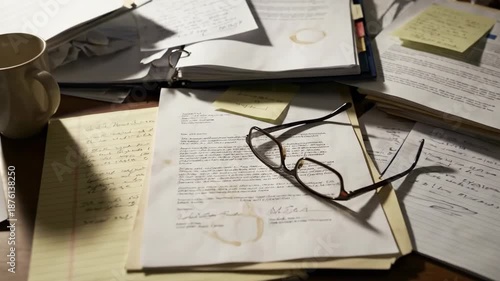 Wallpaper Mural Cluttered Desk with Scattered Papers, Coffee Cup, Glasses, and Documents Busy Work Office Environment Torontodigital.ca