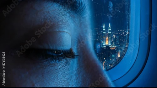Wallpaper Mural Close Up of Eye Reflecting Cityscape with Illuminated Skyscrapers at Night Through Airplane Window, Evoking Wonder and Exploration Torontodigital.ca