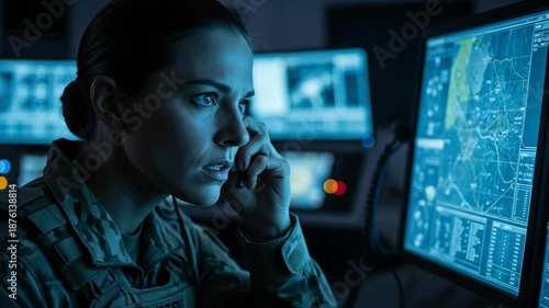 Wallpaper Mural Focused Military Officer Monitors Digital Maps on Computer Screens in Command Center, Showcasing Technology and Strategy with Urgent Communication Torontodigital.ca
