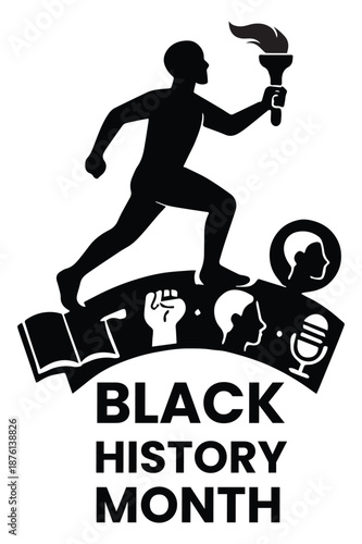 Silhouette of person running with torch above symbols of knowledge and voice for Black History Month