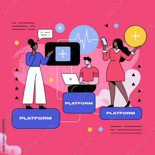 Three individuals collaborating on a digital platform with various icons and symbols surrounding them in a vibrant pink environment.