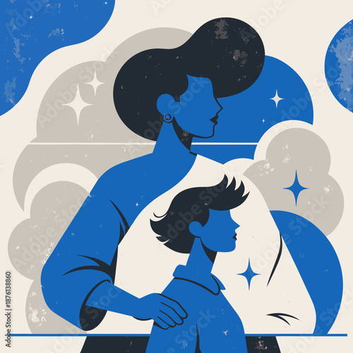 A mother and child gazing upwards together at a serene night sky filled with stars and clouds