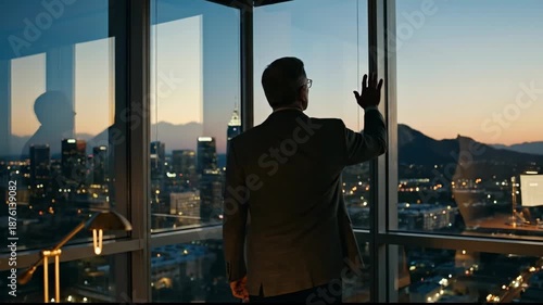 Wallpaper Mural Man in Suit Gazes Out of High Rise Window at Cityscape During Sunset, Reflecting on View and Creating Contemplative Atmosphere in Modern Office Torontodigital.ca