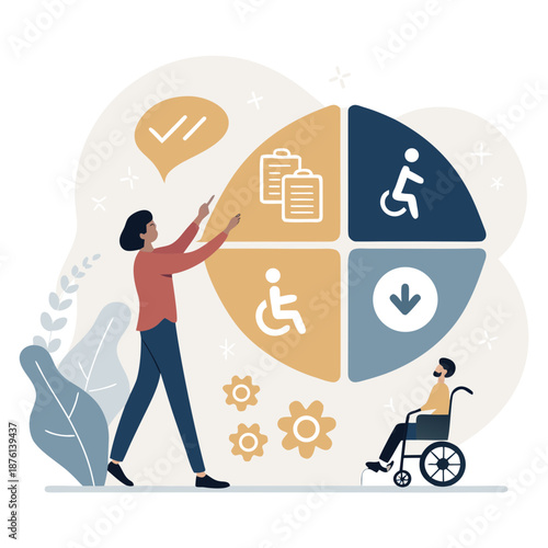 Woman arranging accessibility icons in a circular chart with a person in a wheelchair nearby