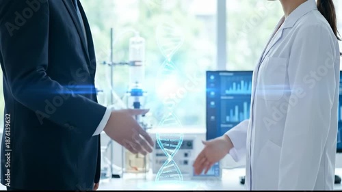 Wallpaper Mural Collaboration Biotechnology Scientist and Businessperson Shake Hands Laboratory with Digital DNA Strand Overlay, Symbolizing Research and Innovation Torontodigital.ca