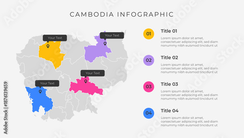 Cambodia map infographic template with 4 options. Cambodia administrative map infographic for presentation.