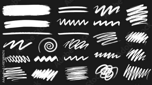 Hand drawn chalk and charcoal marks. Rough strokes and scribbles with grunge pastel pencil texture. White underline doodles and sketchy brush bar elements