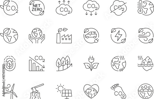 A collection of line drawings representing eco friendly concepts and carbon neutrality