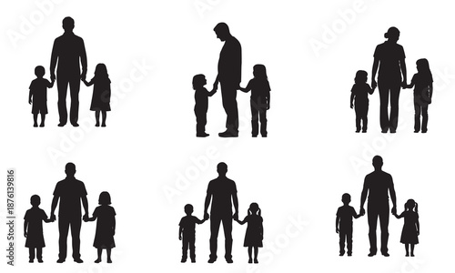 Diverse silhouettes of a father with his son and daughter, showing different interactions like holding hands and looking down, capturing family dynamics and connection.
