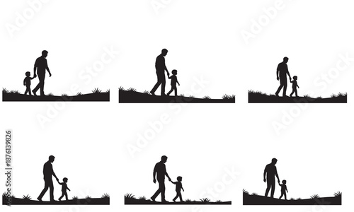 Silhouettes of fathers walking with their children across grassy terrain, symbolizing guidance, protection, and the journey of life, depicted in a minimalist outdoor setting.